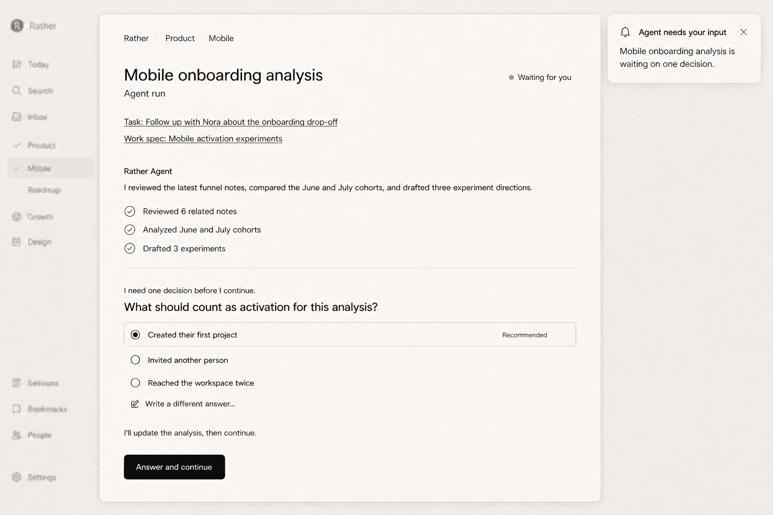 Rather agent run asking for one decision before continuing a mobile onboarding analysis
